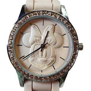 Disney Minnie Mouse Watch Blush Pink Rhinestone Bezel Silicone Band